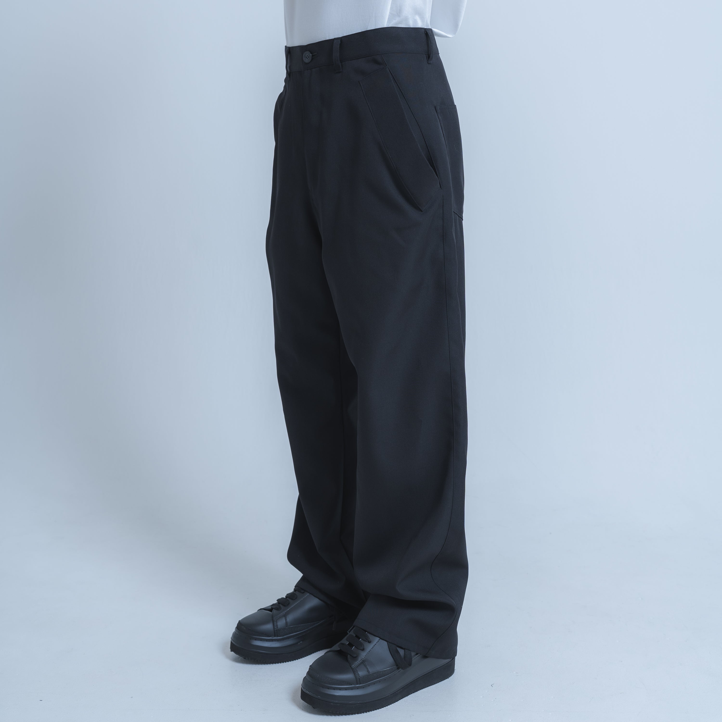 WIDE DROP POCKET PANTS (WOOL MIX) BLACK